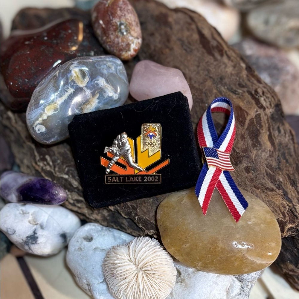 2002 Olympic Pin and USA Flag Pin.